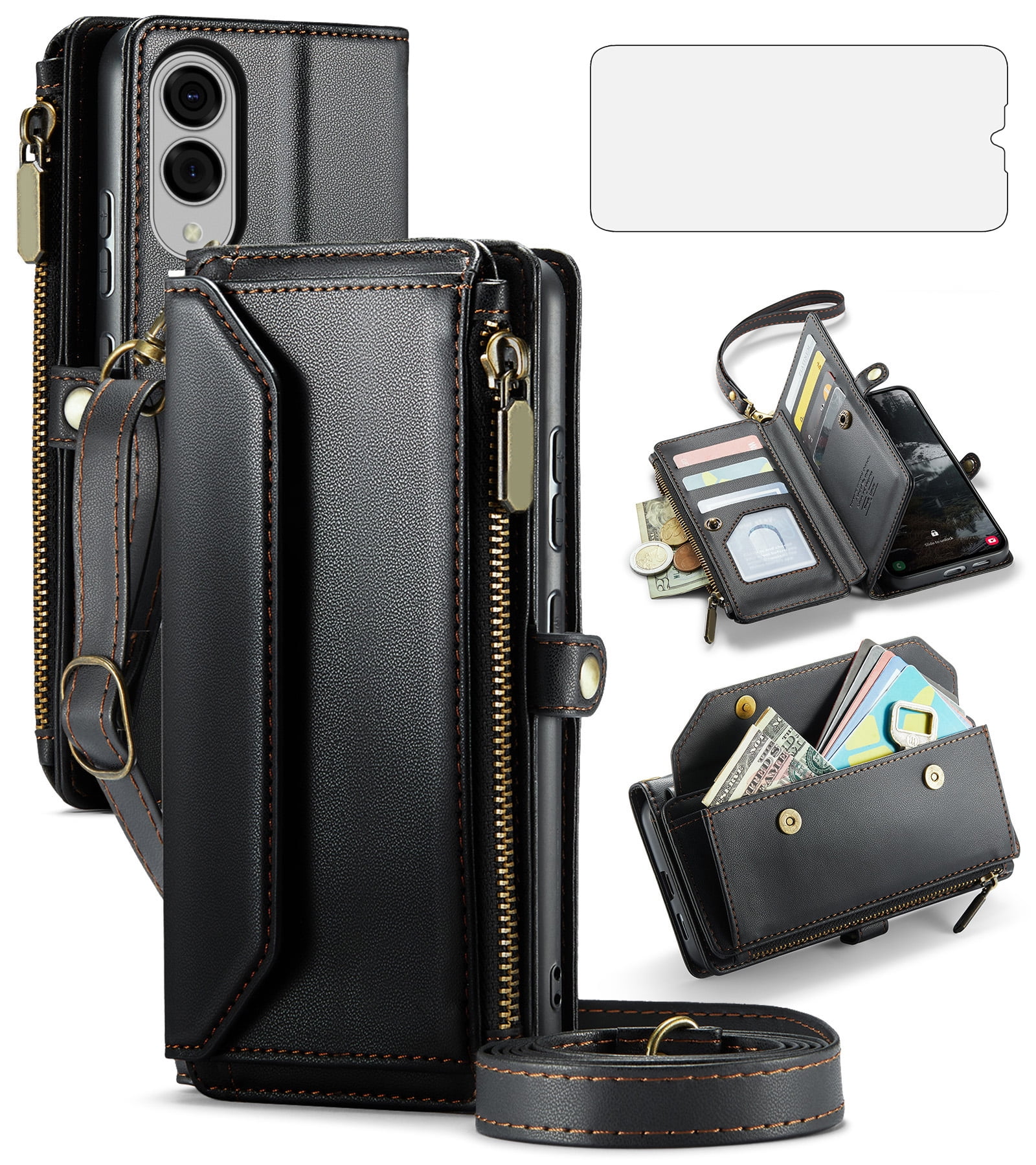Compatible with Samsung Galaxy S25 Edge 5G Zipper Wallet Phone Case Tempered Glass Screen Protector Crossbody Lanyard Strap Flip Card Holder Slot Cell Cover for S25Edge 25S S 25 25Edge Women Black