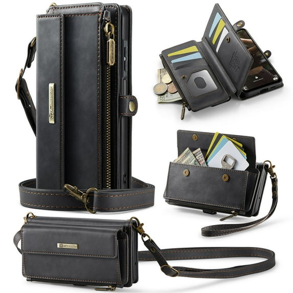 Compatible with Samsung Galaxy S25 Edge Case Wallet with RFID Blocking Card Holder for Women and Men, Matte Soft PU Leather Magnetic Snap Flip Zipper Strap Wallet Phone Case,Black