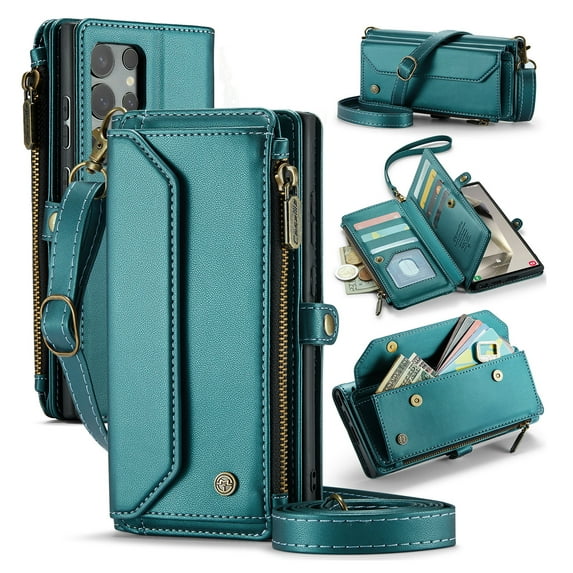 Compatible with Samsung Galaxy S25 Edge Wallet Case, 10 Card Slots & 1 Zipper Coin Pocket & 1 Cash Slot & 1 Cash Pocket & Lanyard & Crossbody Strap & Kickstand & RFID Blocking Phone Case, Green