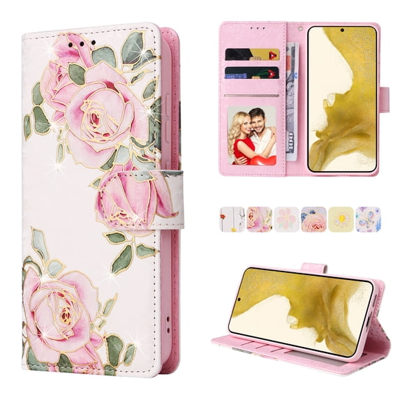 Compatible for Samsung Galaxy S25 Edge Wallet Case with Card Holder, Floral Flower PU Leather Magnetic Stand Flip Protective Phone Cover with Wrist Strap for Women Girls, Rose Flower