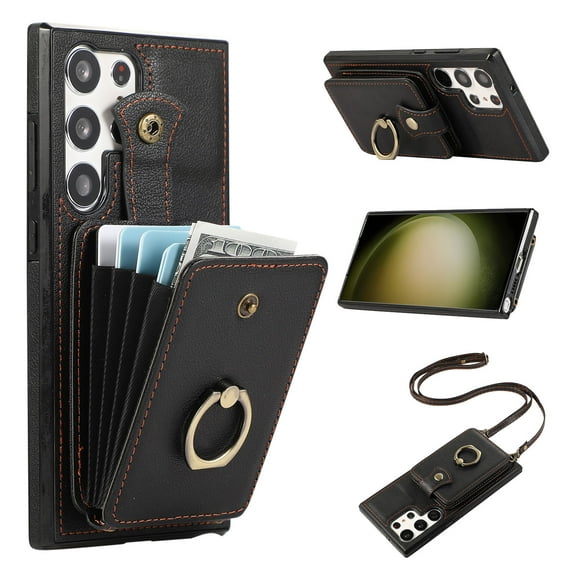 Compatible with Samsung Galaxy S25 Edge Wallet Case, PU Leather Case with Card Holder, 360° Rotation Ring Kickstand, Shoulder Strap, Magnetic Snap Protective Case Designed for S25 Edge, Black