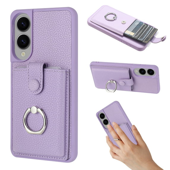 Compatible with Samsung Galaxy S25 Edge Wallet Phone Case,360°Rotation Finger Ring Holder Kickstand,with Card Holder,Lychee Pattern PU Leather Durable Shockproof Rugged Phone Case,Purple