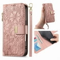 thumbnail image 1 of Compatible with Samsung Galaxy S25 Edge Wallet Phone Case,With Shoulder Strap&Wrist Strap,Zipper Pocket,Card Slots,Flip Folio Kickstand,Flower&Leaf Emboss PU Leather Shockproof Phone Case,Rosegold, 1 of 11