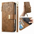thumbnail image 1 of Compatible with Samsung Galaxy S25 Edge Wallet Phone Case,With Shoulder Strap&Wrist Strap,Zipper Pocket,Card Slots,Flip Folio Kickstand,Flower&Leaf Emboss PU Leather Shockproof Phone Case,Brown, 1 of 12