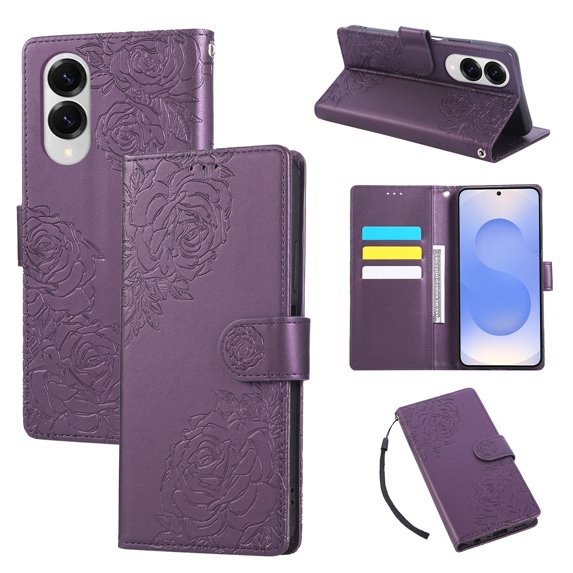 Compatible with Samsung Galaxy S25 Edge Wallet Phone Case,With Wrist Strap,Flip Fold Kickstand,Card Slots,Rose Embossing PU Leather Shockproof Anti-fall Folio Durable Slim Phone Case,Darkpurple