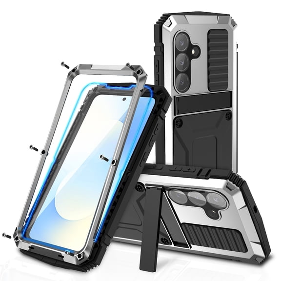 Compatible with Samsung Galaxy S25 FE Metal Case, with Screen Protector Camera Lens Protector Military Rugged Heavy Duty Shockproof Case with Metal Kickstand Full Body Tough Dustproof Case, Silver
