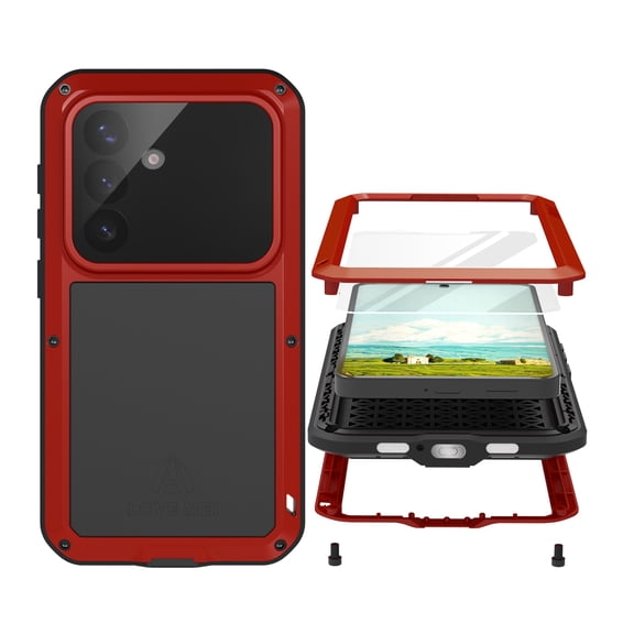 Compatible with Samsung Galaxy S25 FE Metal Case with Stand Screen Protector Camera Cover Metallic Military Hybrid Durable Dust Proof Heavy Duty Full Body Cover Phone Case Man,Red