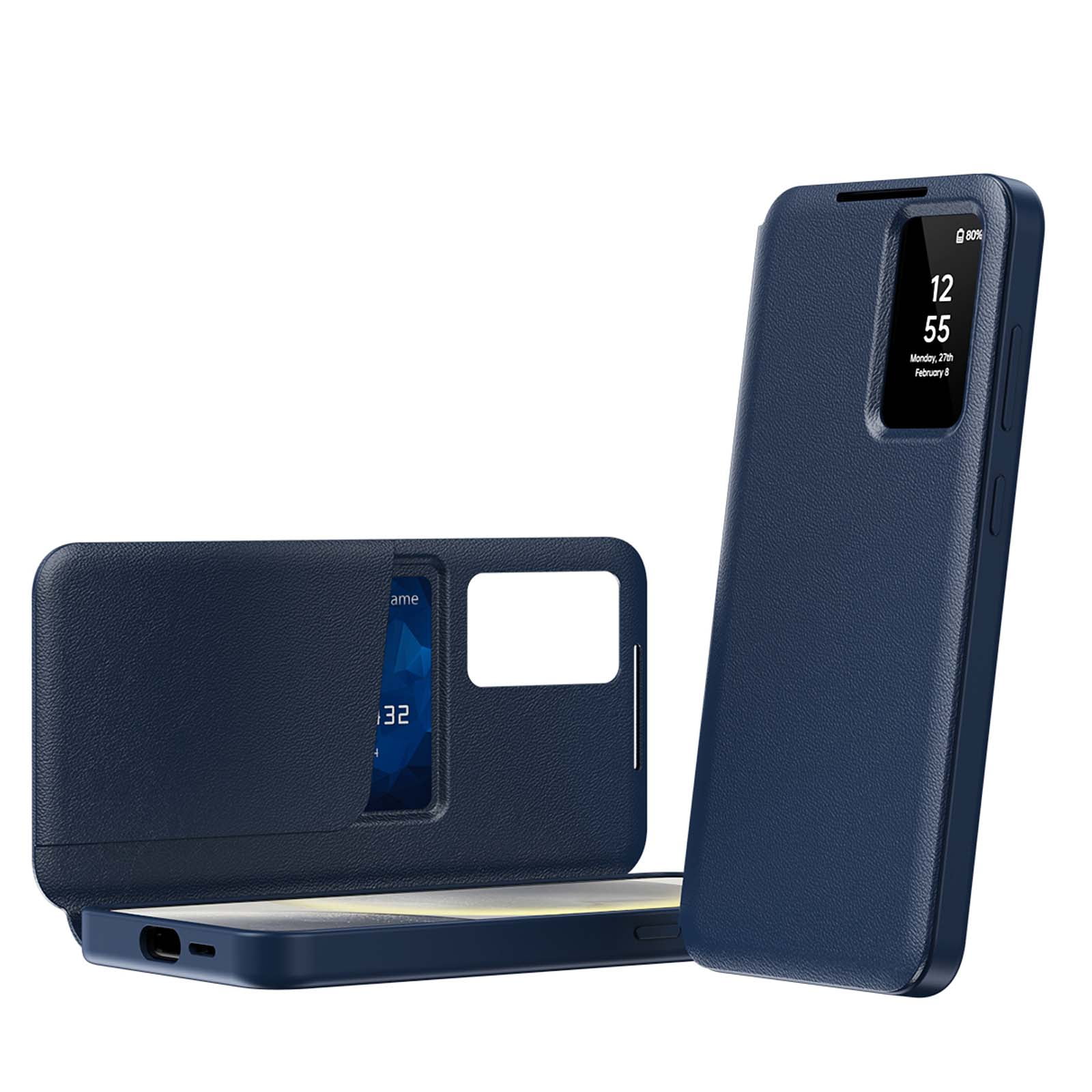 Compatible with Samsung Galaxy S25+ Flip Phone Case,With Smart window,PU Leather + PC + TPU Material,With Card Slot,Shockproof Anti-fall Rugged Case Cover For Samsung Galaxy S25+,Blue