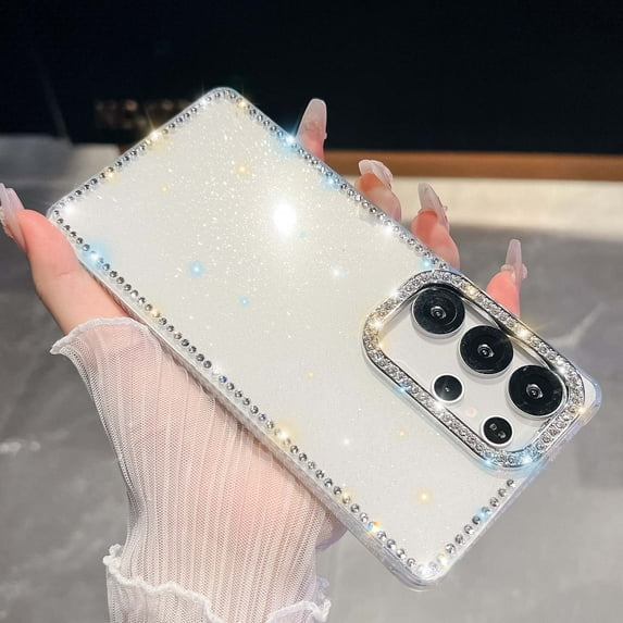 Compatible with Samsung Galaxy S25+ Glitter Phone Case,Cute Luxury Bling Sparkly Crystal Diamond Rhinestones Frame&Camera Ring,Shockproof Anti-fall Rugged Women Girls Slim Phone Case,White