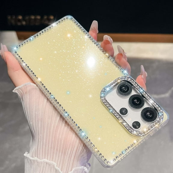 Compatible with Samsung Galaxy S25+ Glitter Phone Case,Cute Luxury Bling Sparkly Crystal Diamond Rhinestones Frame&Camera Ring,Shockproof Anti-fall Rugged Women Girls Slim Phone Case,Light Yellow