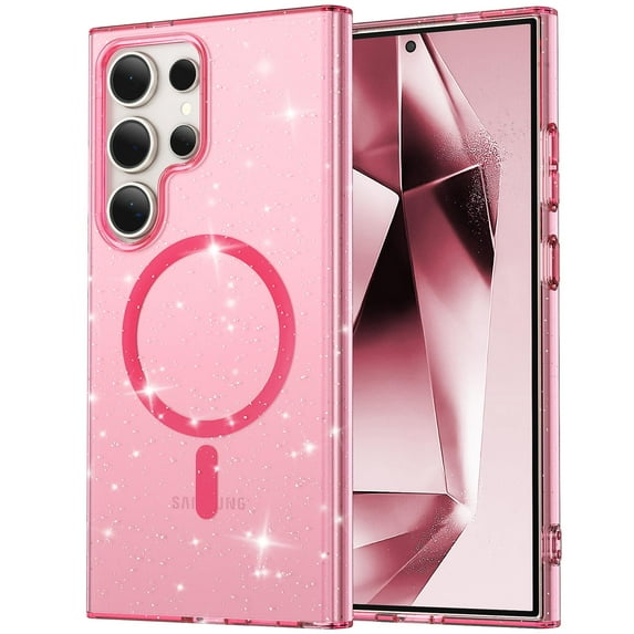 Compatible with Samsung Galaxy S25 Magsafe Case Clear Glitter, Anti-Yellow Shockproof Protective Phone Case Ultra Slim Transparent Anti-Scratch TPU Bumper Cover for Samsung Galaxy S25, Pink