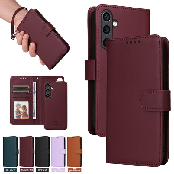 Compatible with Samsung Galaxy S25 Phone Case Detachable Wallet, Magnetic Flip Folio with Credit Card Holder & Cash Slot, Premium PU Leather, Wristlet, Kickstand Shockproof Cover, Winered