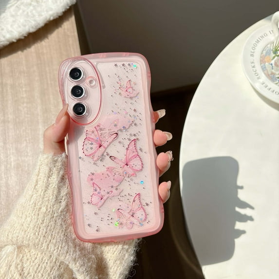 Compatible with Samsung Galaxy S25 Phone Case,Glitter Bling Shiny Star Sequin Butterfly Printing,Matte Cute Curly Wavy Frame,Shockproof Anti-fall Soft TPU Aesthetic Clear Phone Case,Pink