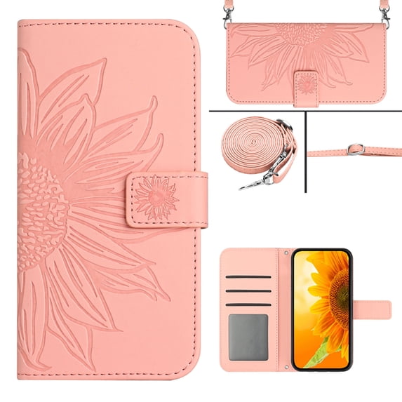 Compatible with Samsung Galaxy S25 Plus Case, Flower Embossed Wallet PU Leather Case with Card Holder Slots Protective Heavy Duty Folio Cover Crossbody Strap Case Cover for S25 Plus, Pink
