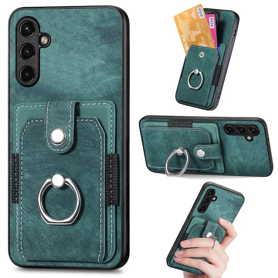 Compatible with Samsung Galaxy S25 Plus, Classic Card Slots 360 Rotating Finger Ring Kickstand PU Leather + TPU Frame Magnetic Closure Back Case Cover for Samsung Galaxy S25 Plus, Green