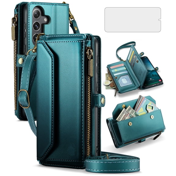 Compatible with Samsung Galaxy S25 Plus S25  5G Zipper Wallet Phone Case Tempered Glass Screen Protector Crossbody Lanyard Strap Flip Card Holder Slot Cell Cover for S25Plus 25S   S 25 Women Green