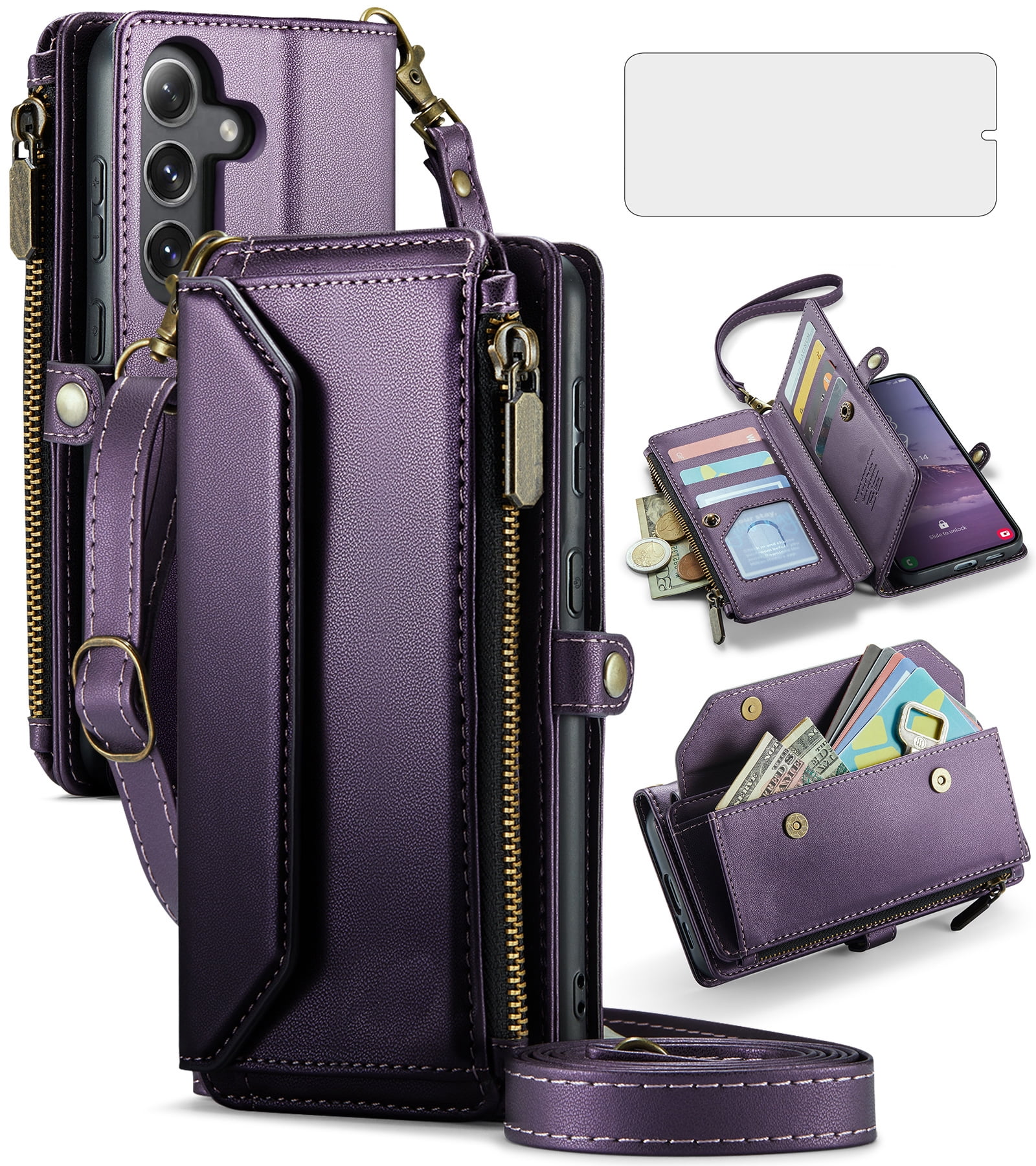 Compatible with Samsung Galaxy S25 Plus S25+ 5G Zipper Wallet Phone Case Tempered Glass Screen Protector Crossbody Lanyard Strap Flip Card Holder Slot Cell Cover for S25Plus 25S + S 25 Women Purple