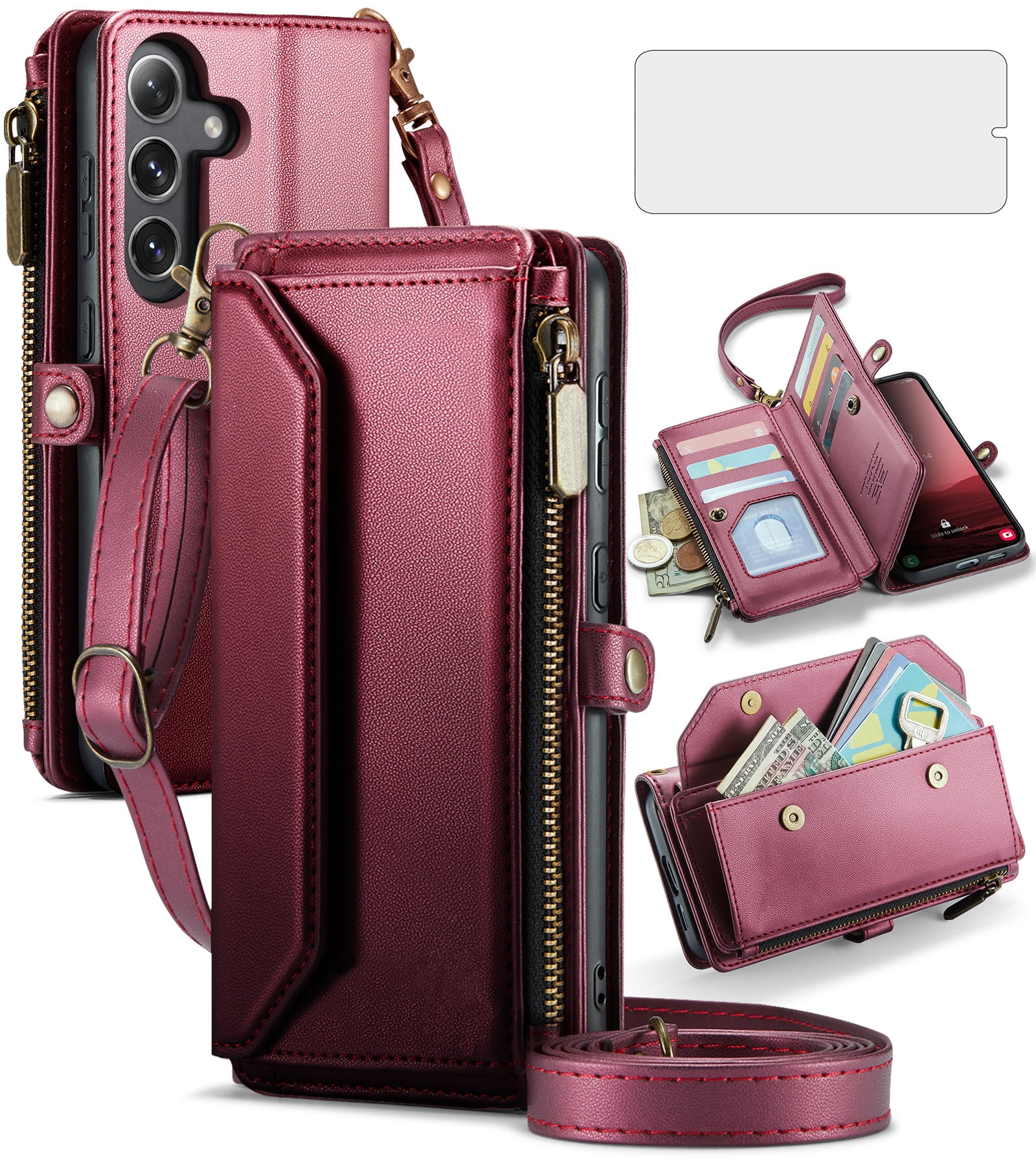 Compatible with Samsung Galaxy S25 Plus S25+ 5G Zipper Wallet Phone Case Tempered Glass Screen Protector Crossbody Lanyard Strap Flip Card Holder Slot Cell Cover for S25Plus 25S + S 25 Women Wine Red