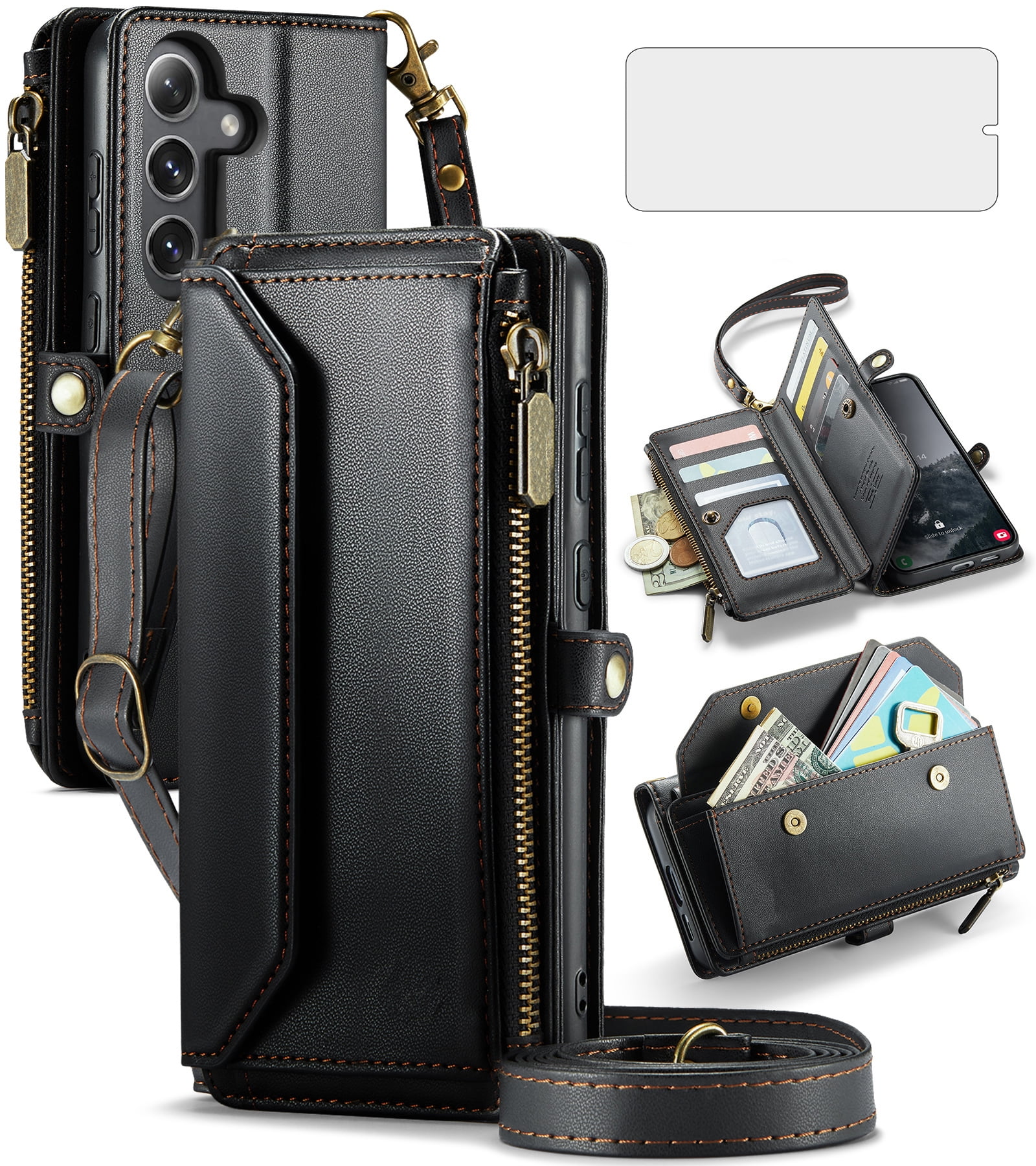 Compatible with Samsung Galaxy S25 Plus S25+ 5G Zipper Wallet Phone Case Tempered Glass Screen Protector Crossbody Lanyard Strap Flip Card Holder Slot Cell Cover for S25Plus 25S + S 25 Women Black