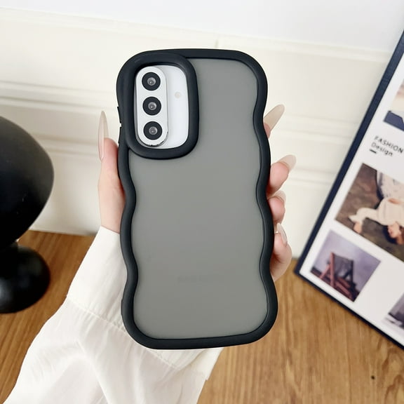 Compatible with Samsung Galaxy S25 Plus Silicone PC Case, Curly Wave Frame Non-Slip Translucent Matte Easier Grip Shockproof Wireless Charging Phone Case Cover for Girls Women, Black