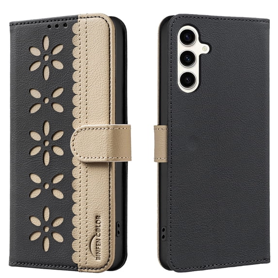 Compatible with Samsung Galaxy S25 Plus Wallet Case with Card Holder, Premium PU Leather Floral Design Flip Cover with Kickstand Magnetic Closure, RFID Blocking Phone Case for S25 Plus, Black