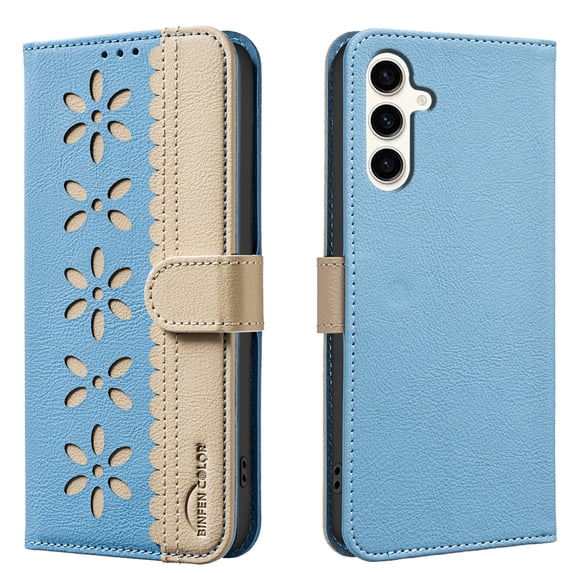 Compatible with Samsung Galaxy S25 Plus Wallet Case with Card Holder, Premium PU Leather Floral Design Flip Cover with Kickstand Magnetic Closure, RFID Blocking Phone Case for S25 Plus, Lightblue