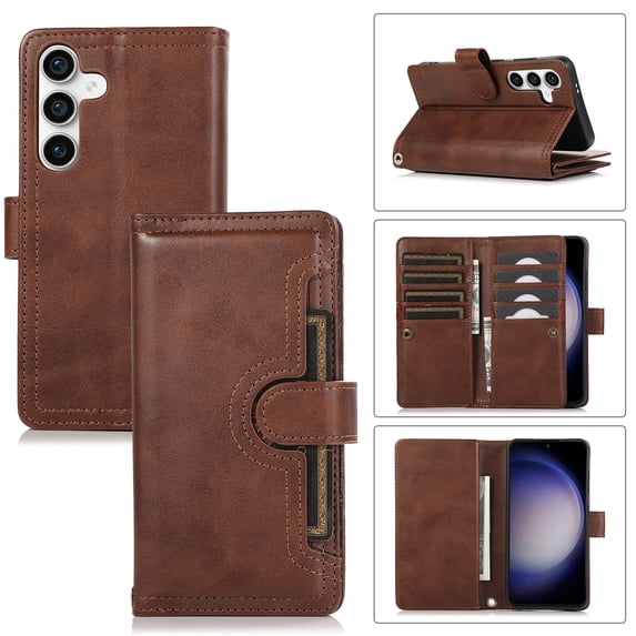 Compatible with Samsung Galaxy S25 Plus Wallet Case with Credit Card Holder, Flip Folio Book PU Leather Vintage Phone Case Shockproof Multifunctional Cover Women Men for Galaxy S25 Plus, Coffee