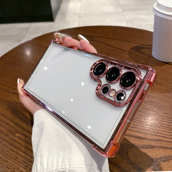 Compatible with Samsung Galaxy S25 Transparent Phone Case,Luxury Electroplated Frame Designing,With Lens Film,Shockproof Anti-fall Rugged Ultra Slim Clear Phone Case Cover,Pink