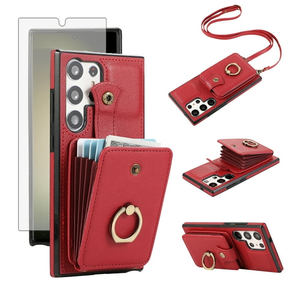 Compatible with Samsung Galaxy S25 Ultra 5G Wallet Phone Case Screen Protector Ring Crossbody Strap Stand Credit Card Holder RFID Cell Cover for S25Ultra 25S S 25 25Ultra 6.9 2025 Women Girls Red