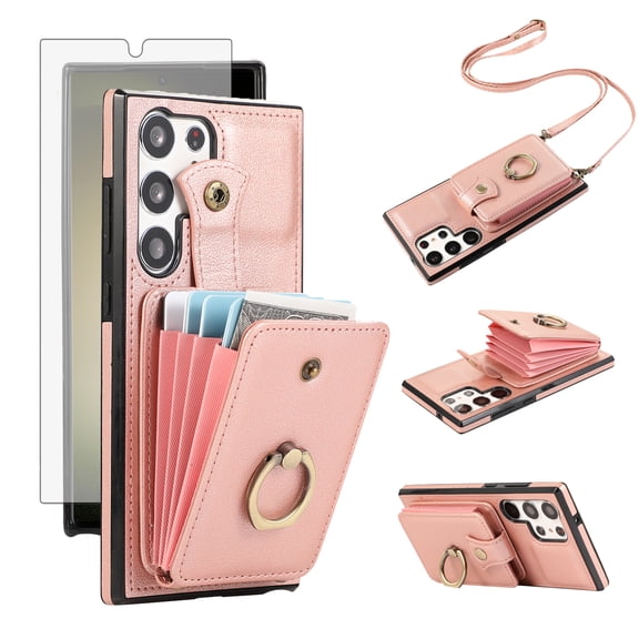 Compatible with Samsung Galaxy S25 Ultra 5G Wallet Phone Case Screen Protector Ring Crossbody Strap Stand Credit Card Holder RFID Cell Cover for S25Ultra S 25 25Ultra 6.9 2025 Women Girls Rose Gold