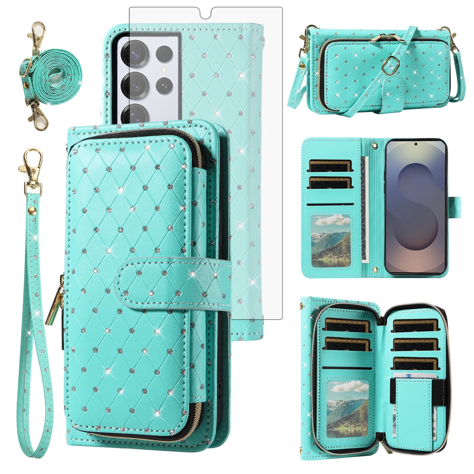 Compatible with Samsung Galaxy S25 Ultra 5G Wallet Phone Case Tempered Glass Screen Protector Bling Glitter Crossbody Lanyard Strap Flip Zipper Purse Card Holder Cell Cover for S25Ultra 25S 25u Green