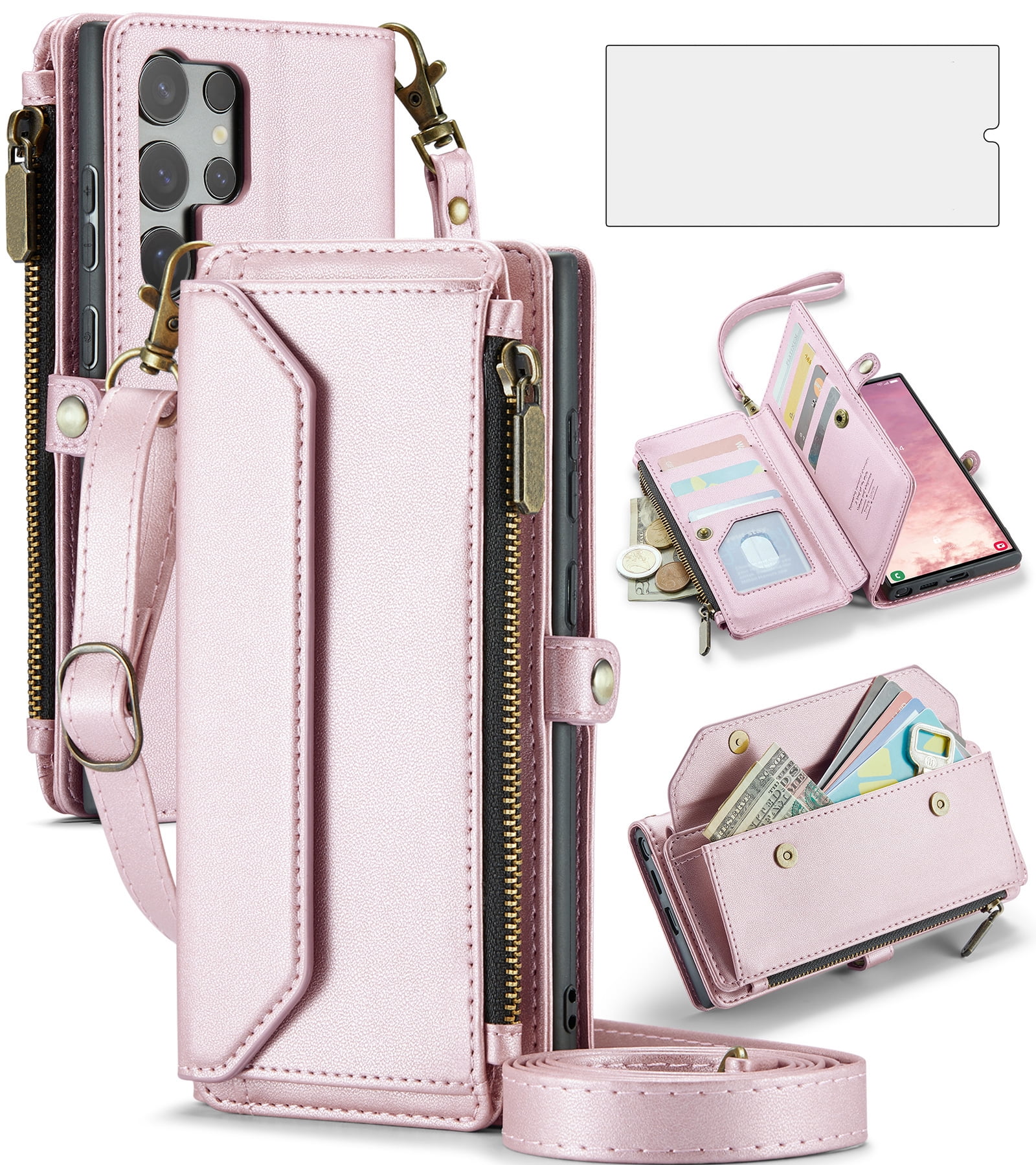 Compatible with Samsung Galaxy S25 Ultra 5G Zipper Wallet Phone Case Tempered Glass Screen Protector Crossbody Lanyard Strap Flip Card Holder Slot Cell Cover for S25Ultra 25S S 25 Women Rose Gold