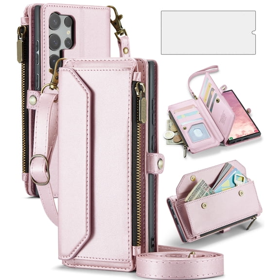 Compatible with Samsung Galaxy S25 Ultra 5G Zipper Wallet Phone Case Tempered Glass Screen Protector Crossbody Lanyard Strap Flip Card Holder Slot Cell Cover for S25Ultra 25S S 25 Women Rose Gold