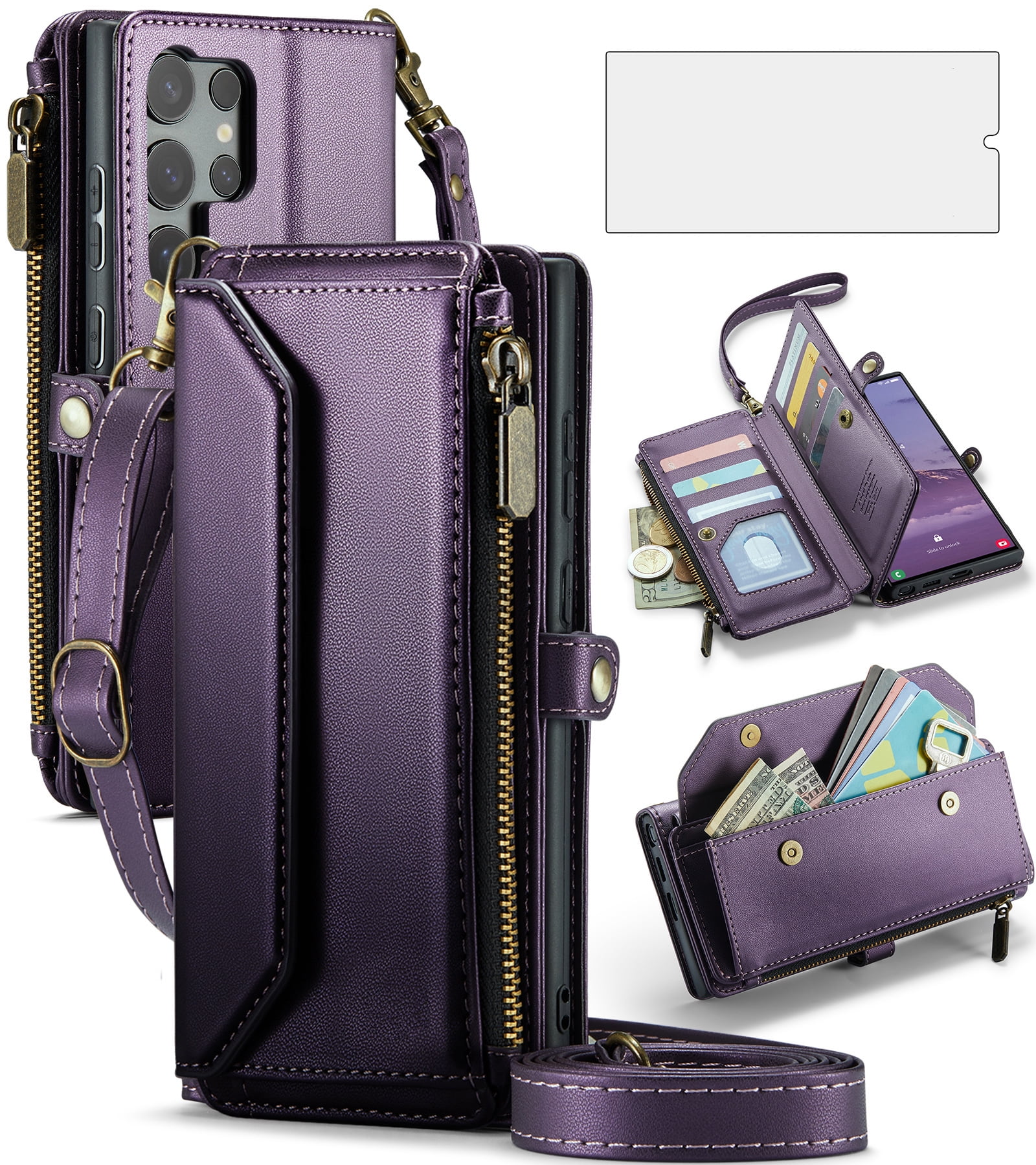 Compatible with Samsung Galaxy S25 Ultra 5G Zipper Wallet Phone Case Tempered Glass Screen Protector Crossbody Lanyard Strap Flip Card Holder Slot Cell Cover for S25Ultra 25S S 25 Women Girls Purple