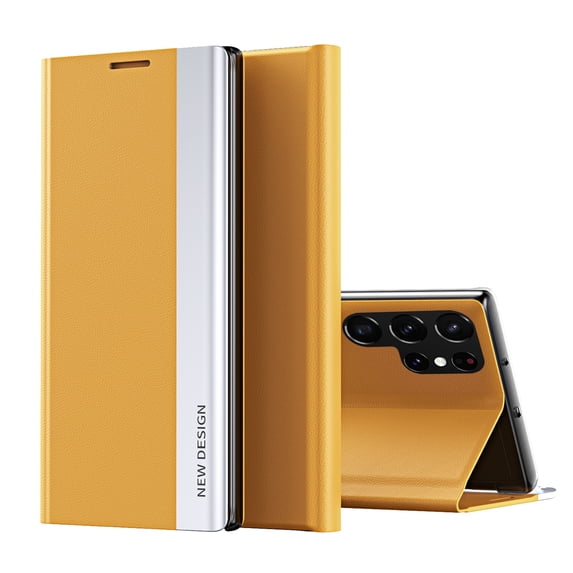 Compatible with Samsung Galaxy S25 Ultra, Built-in invisible Stand, Full Protection Shockproof Thin Magnetic Luxury PC Plating + PU Leather Slim Fit Smart Case for Samsung Galaxy S25 Ultra,Yellow