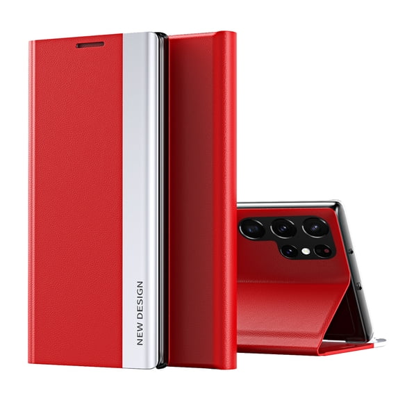 Compatible with Samsung Galaxy S25 Ultra, Built-in invisible Stand, Full Protection Shockproof Thin Magnetic Luxury PC Plating + PU Leather Slim Fit Smart Case for Samsung Galaxy S25 Ultra,Red