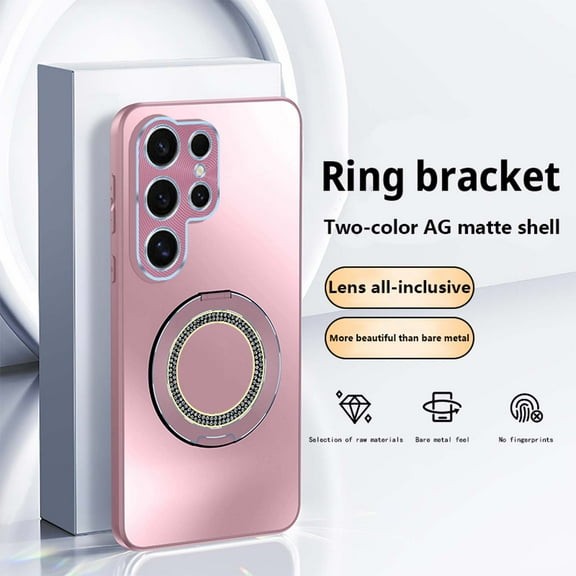 Compatible with Samsung Galaxy S25 Ultra Case with Sparkling Diamond Ring Kickstand | Frosted Back Shell | Ultra Slim | Anti-Scratch Shockproof Anti-fall Protective Phone Case Cover,Pink