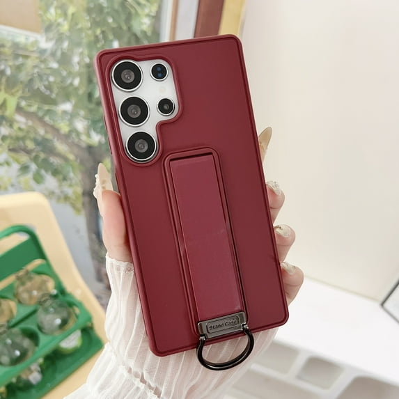 Compatible with Samsung Galaxy S25 Ultra Case with Stand, with Hidden Adjustable Kickstand PU Leather Hand Strap, TPU + PC Drop Protective Thin Slim Hybrid Phone Case with Finger Ring, Winered