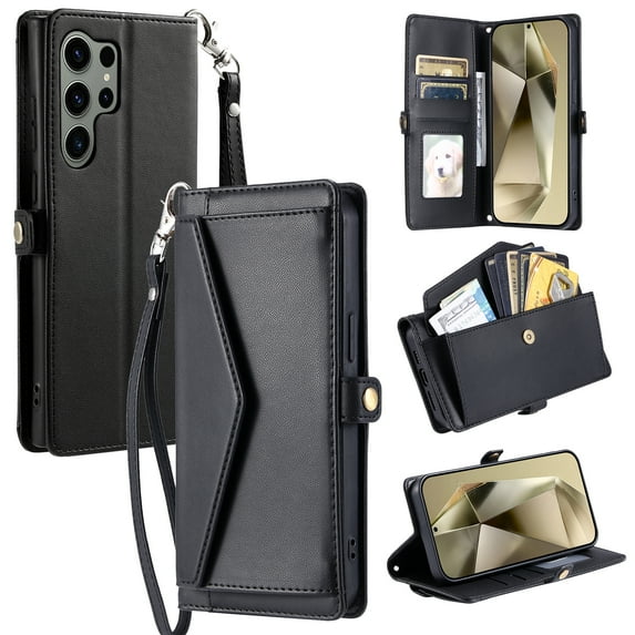 Compatible with Samsung Galaxy S25 Ultra Envelope Style Wallet Case, with Wrist Strap and Crossbody Strap, Flip Card Holder Stand Rugged Cell Phone Cover for Galaxy S25 Ultra Women Men - Black