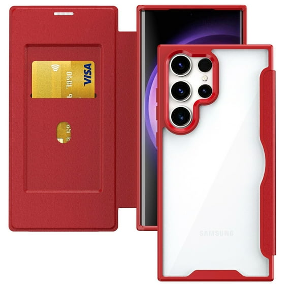 Compatible for Samsung Galaxy S25 Ultra Flip Wallet Case with Card Holder, Rugged Clear Case with RFID Blocking Shockproof Full Body Protection Non-Yellowing Phone Cover for Galaxy S25 Ultra, Red