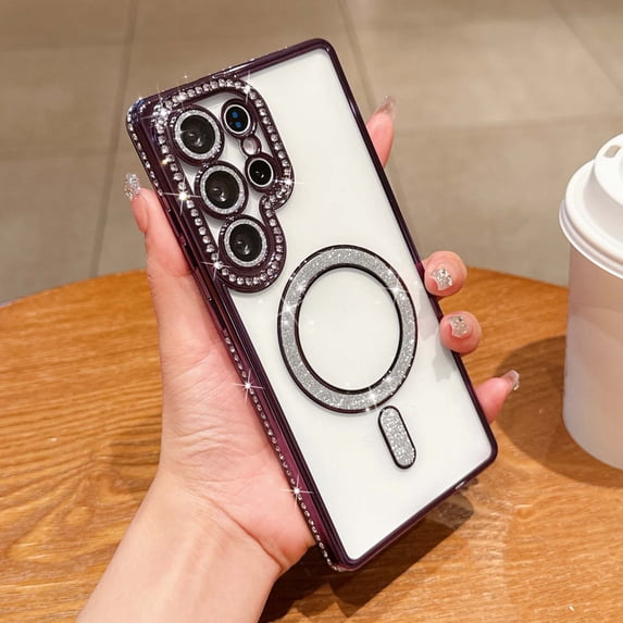 Compatible with Samsung Galaxy S25 Ultra Magnetic Phone Case,Diamond-embedded Frame Designing,With Lens Film,Bling Glitter Magnetic Ring,Shockproof Cute Bling Transparent Phone Case,Darkpurple