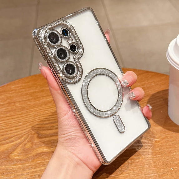 Compatible with Samsung Galaxy S25 Ultra Magnetic Phone Case,Diamond-embedded Frame Designing,With Lens Film,Bling Glitter Magnetic Ring,Shockproof Cute Bling Transparent Phone Case,Silver