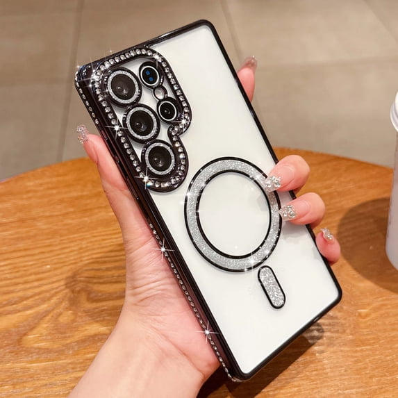 Compatible with Samsung Galaxy S25 Ultra Magnetic Phone Case,Diamond-embedded Frame Designing,With Lens Film,Bling Glitter Magnetic Ring,Shockproof Cute Bling Transparent Phone Case,Black