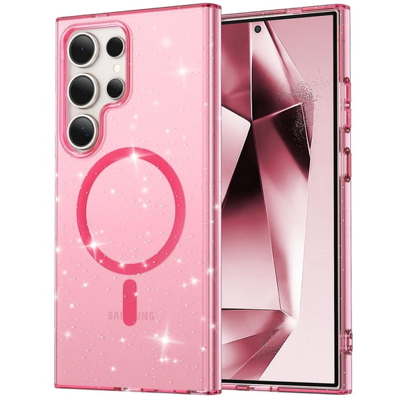 Compatible with Samsung Galaxy S25 Ultra Magsafe Case Clear Glitter, Anti-Yellow Shockproof Protective Phone Case Ultra Slim Transparent Anti-Scratch TPU Bumper Cover for Galaxy S25 Ultra, Pink