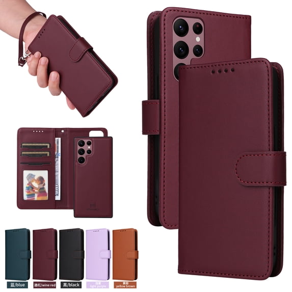 Compatible with Samsung Galaxy S25 Ultra Phone Case Detachable Wallet, Magnetic Flip Folio with Credit Card Holder & Cash Slot, Premium PU Leather, Wristlet, Kickstand Shockproof Cover, Winered
