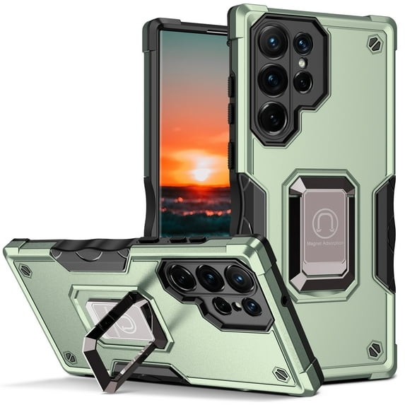 Compatible With Samsung Galaxy S25 Ultra Phone Case Magnetic Design Metal Ring Kickstand Lens Camera Protection Military Drop-Tested Shockproof Rugged Heavy Duty Phone Cover,Green
