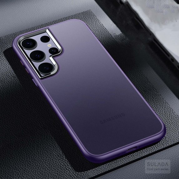 Compatible With Samsung Galaxy S25 Ultra Phone Case,Metal Button and Metal Photo Frame,Frosted Translucent Anti-Fingerprint Shockproof Ultra Slim Rugged Skin Feel Phone Case Cover,Darkpurple