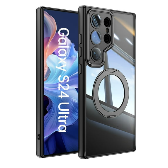 Compatible for Samsung Galaxy S25 Ultra Phone Case with Stand, Rotatable Ring Holder Kickstand Rugged Shockproof Protective Cover Case with Camera Lens Protector for Samsung Galaxy S25 Ultra, Black