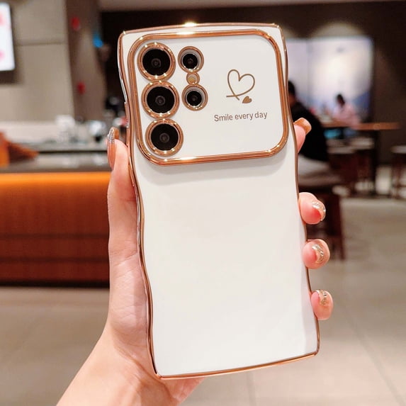 Compatible With Samsung Galaxy S25 Ultra Phone Case for Women Girls,Cute Wave Frame Curly Shape with Love Heart Pattern,Luxury Plating Soft TPU Shouckproof Anti-fall Phone Case Cover,White