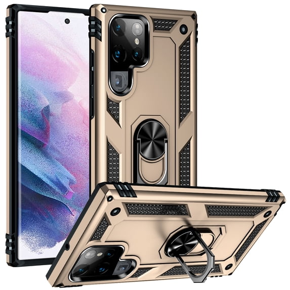 Compatible with Samsung Galaxy S25 Ultra Protective Case,Heavy Duty Shockproof Armor Phone Case with 360° Rotating Metal Ring Holder Kickstand Military Grade Protection Rugged Cover,Gold